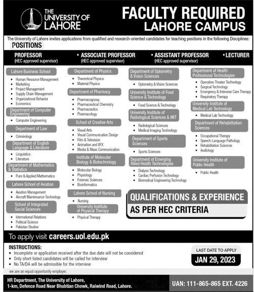 University of Lahore Jobs 2023 – UOL Careers Send Online CVs for Professors, Associate Professors, Assistant Professors, and Lecturers